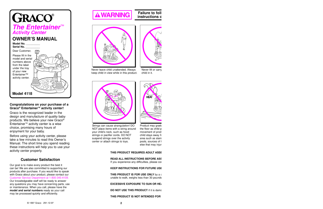 Graco 4118 owner manual Model, Customer Satisfaction 