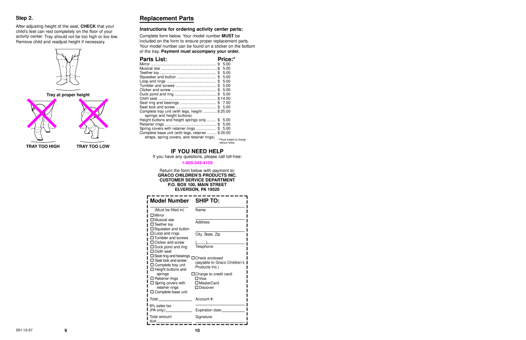 Graco 4118 owner manual Replacement Parts, Instructions for ordering activity center parts 