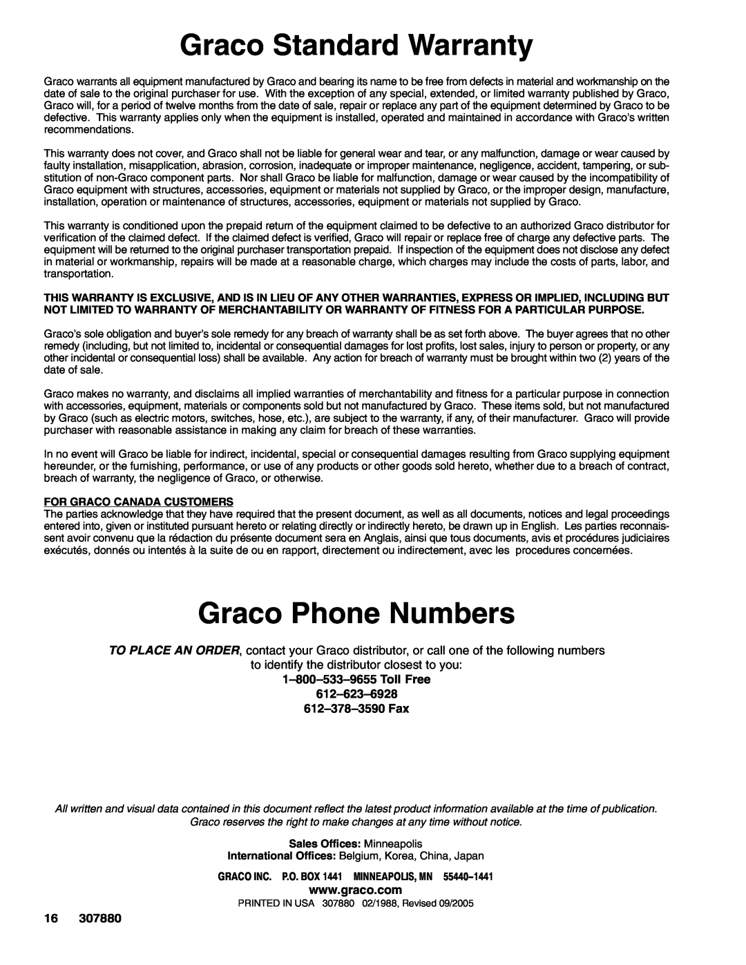 Graco 425, 300 Graco Standard Warranty, Graco Phone Numbers, For Graco Canada Customers, Sales Offices Minneapolis 