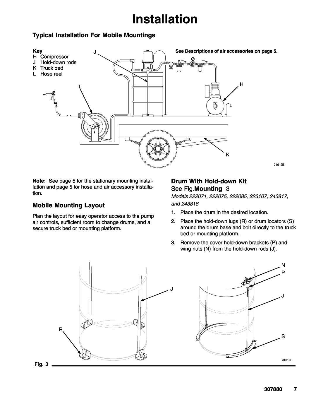 Graco 300, 425 Typical Installation For Mobile Mountings, Mobile Mounting Layout, Drum With Hold-downKit, See Fig.Mounting 