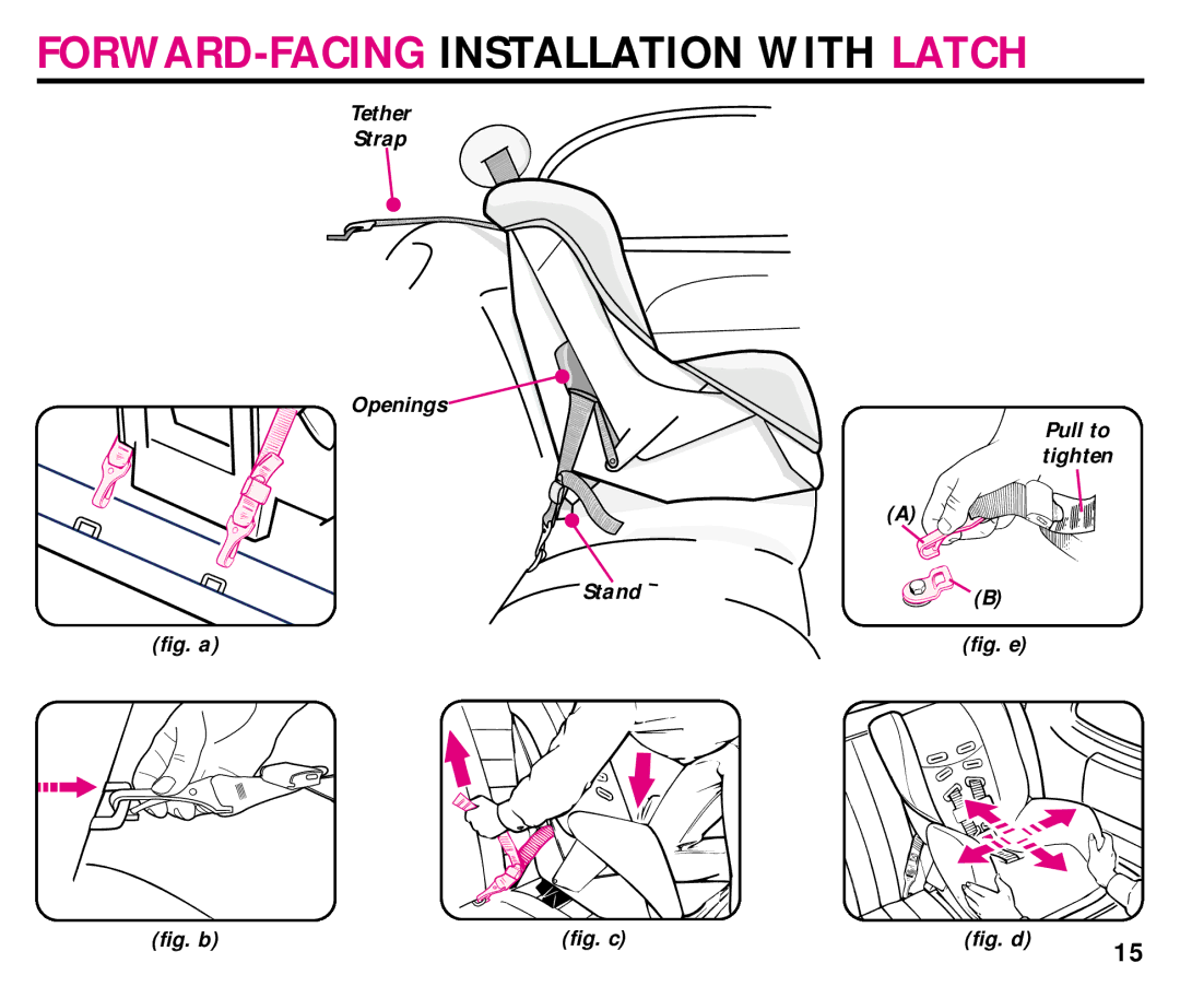 Graco 44339, 44164 manual FORWARD-FACING Installation with Latch, Tether Strap Openings Pull to tighten Stand 