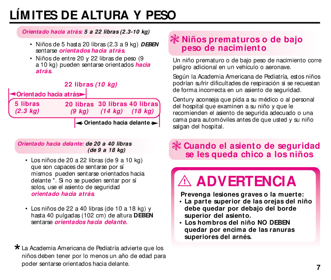 Graco 44339, 44164 manual Límites DE Altura Y Peso, Niños prematuros o de bajo peso de nacimiento 