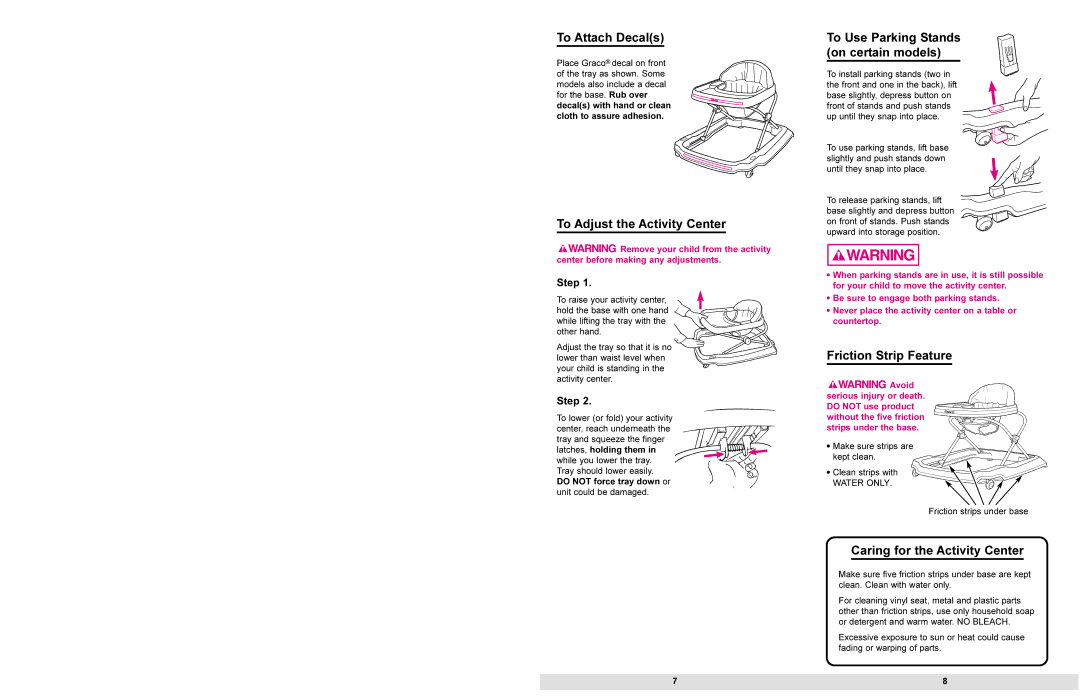 Graco 4430, 4440 To Attach Decals, To Adjust the Activity Center, Friction Strip Feature, Caring for the Activity Center 