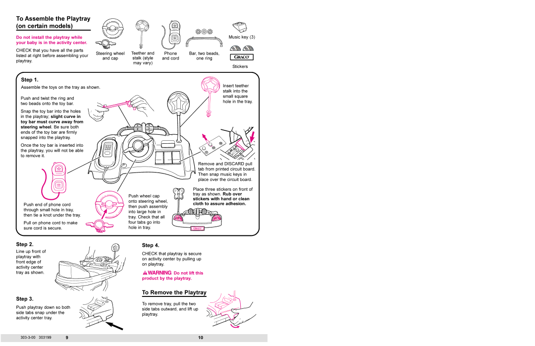 Graco 4440, 4430 manual To Assemble the Playtray on certain models 