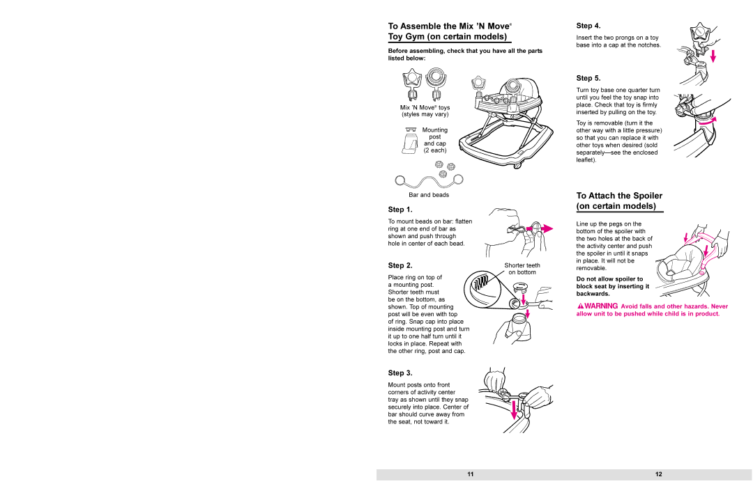 Graco 4430, 4440 manual To Assemble the Mix ’N Move Toy Gym on certain models, To Attach the Spoiler on certain models 