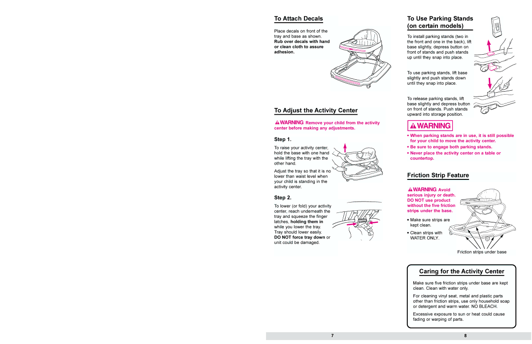 Graco 4440 Series To Attach Decals, To Adjust the Activity Center, Friction Strip Feature, Caring for the Activity Center 