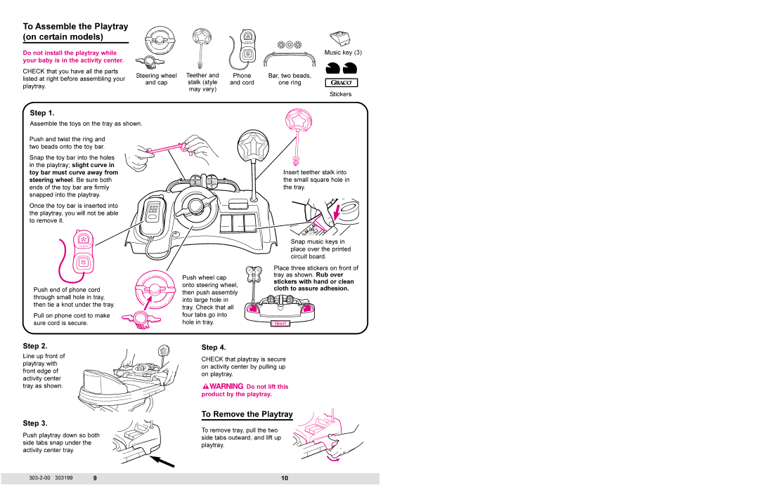 Graco 4430 Series, 4440 Series manual To Assemble the Playtray on certain models, Step 