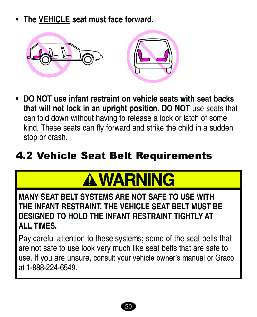 Graco 4460402 manual Vehicle Seat Belt Requirements, Vehicle seat must face forward 