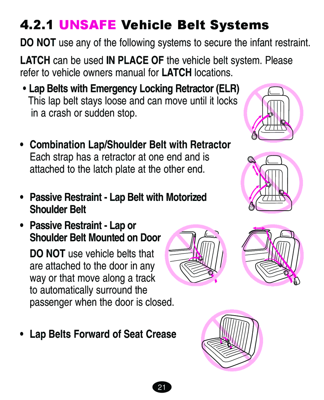 Graco 4460402 Unsafe Vehicle Belt Systems, A crash or sudden stop, Passive Restraint Lap Belt with Motorized Shoulder Belt 