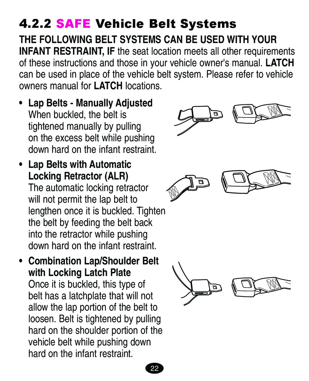 Graco 4460402 manual Safe Vehicle Belt Systems, Lap Belts with Automatic Locking Retractor ALR 