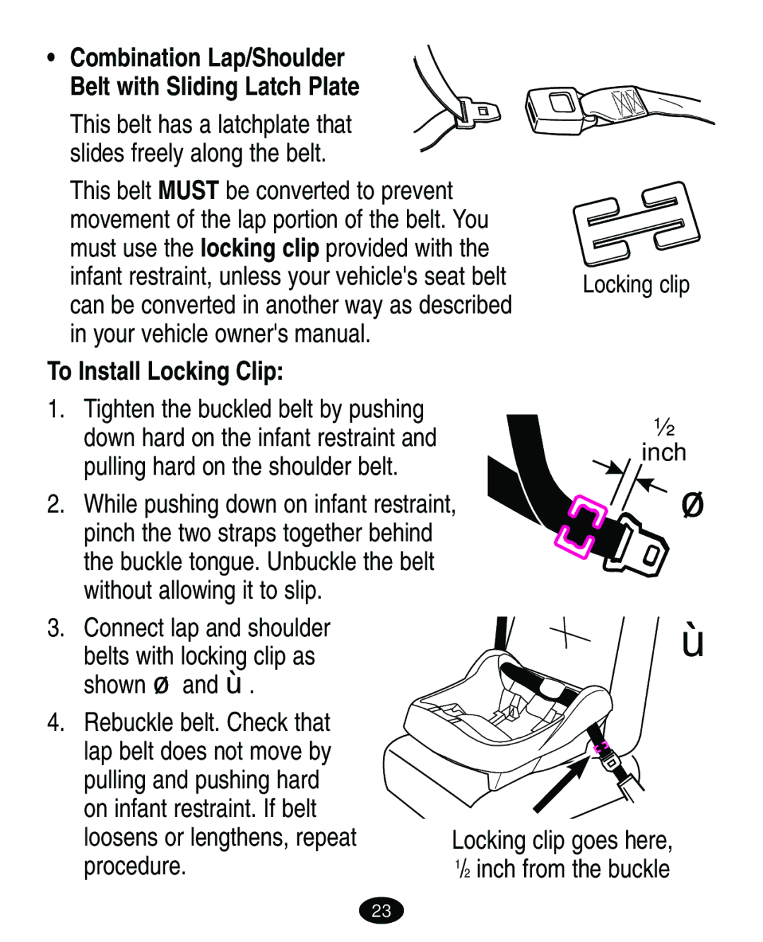 Graco 4460402 manual To Install Locking Clip, Combination Lap/Shoulder Belt with Sliding Latch Plate 