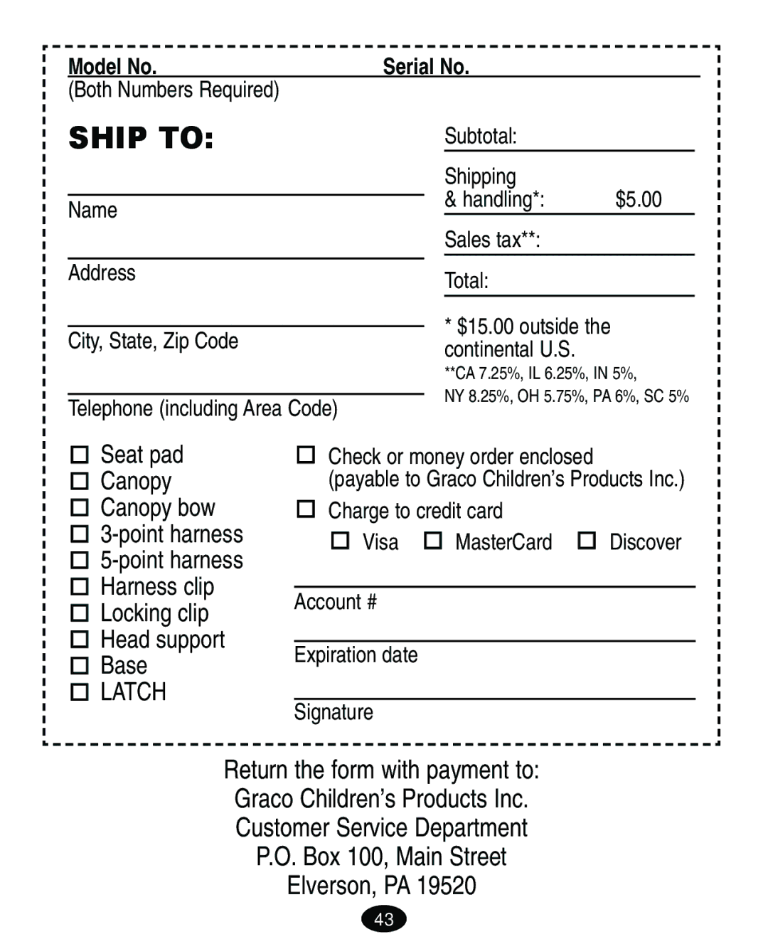 Graco 4460402 manual Ship to 