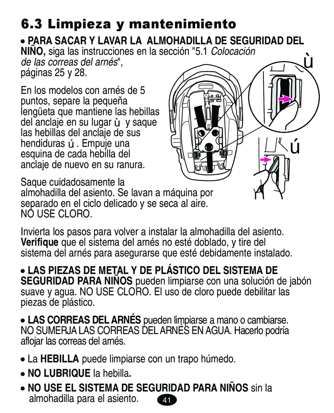 Graco 4460402 manual Limpieza y mantenimiento, De las correas del arnés,Œ páginas 25 y 