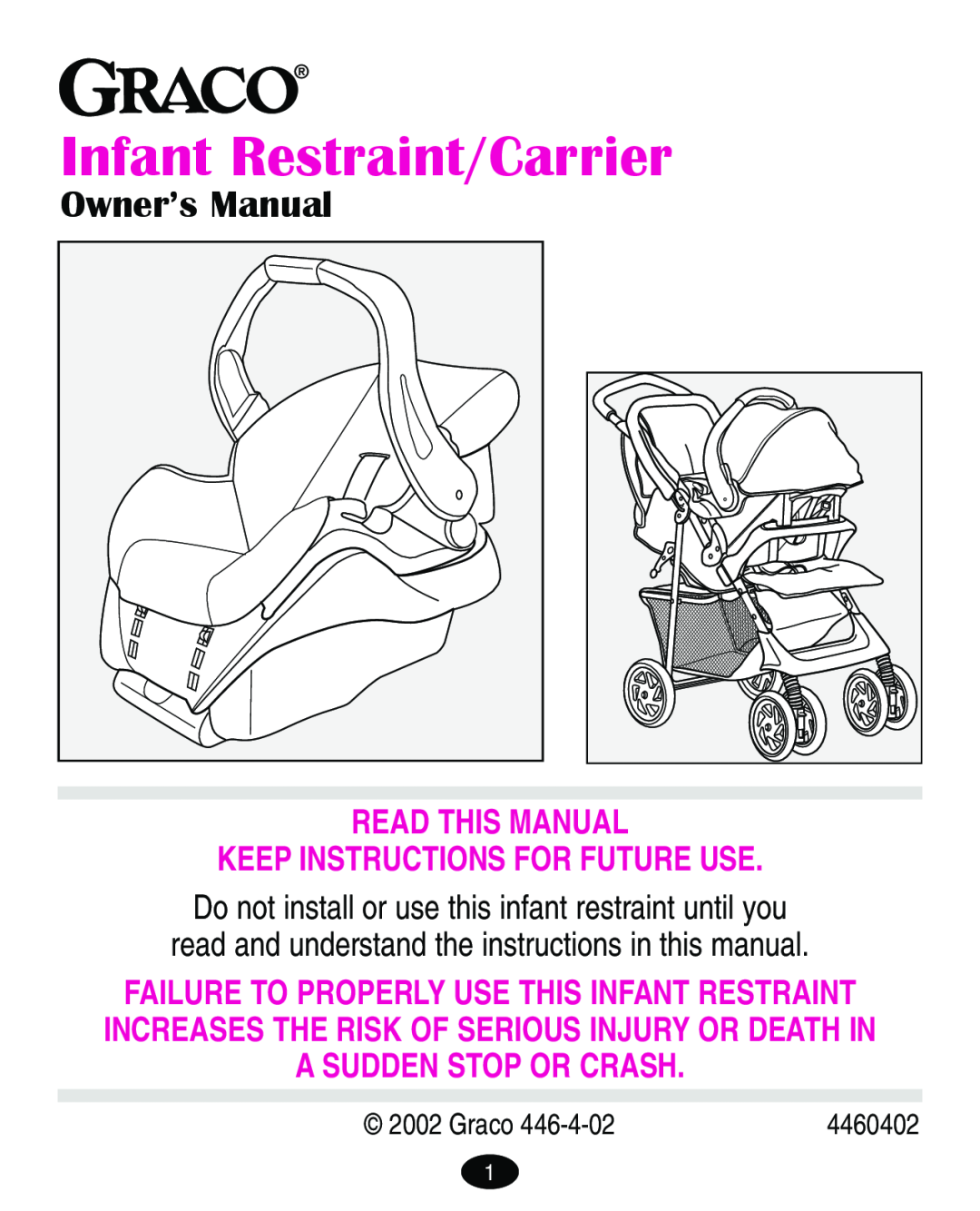 Graco 4460402 manual Owner’s Manual, Read This Manual Keep Instructions For Future Use, Infant Restraint/Carrier, Graco 