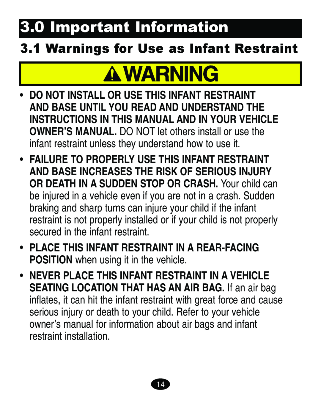Graco 4460402 manual Important Information, Warnings for Use as Infant Restraint 