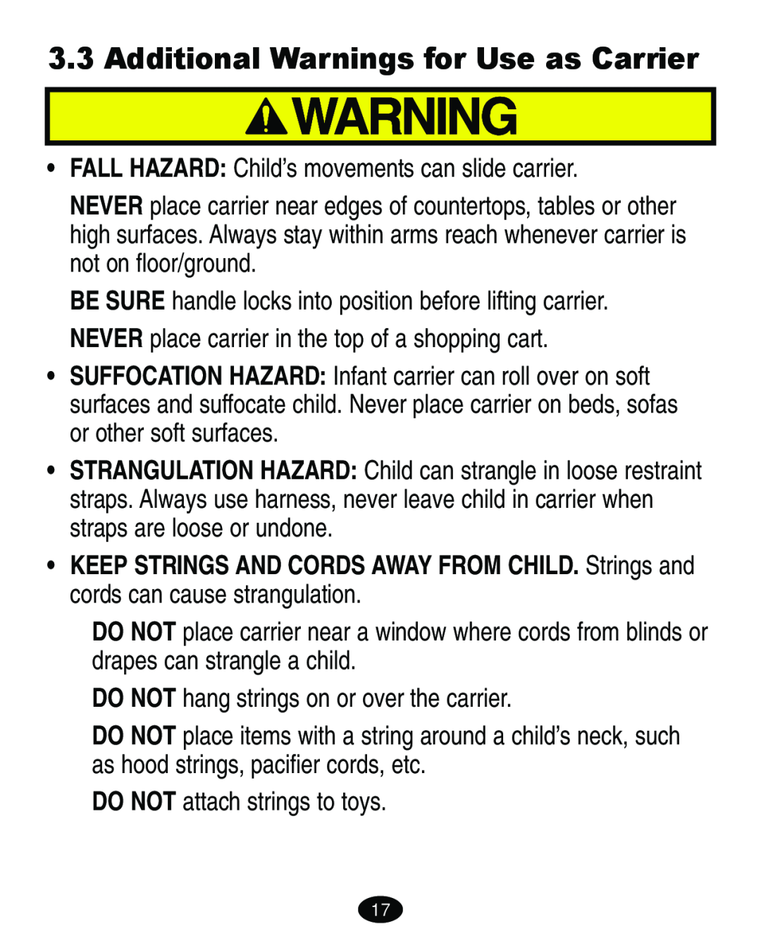 Graco 4460402 manual Additional Warnings for Use as Carrier 