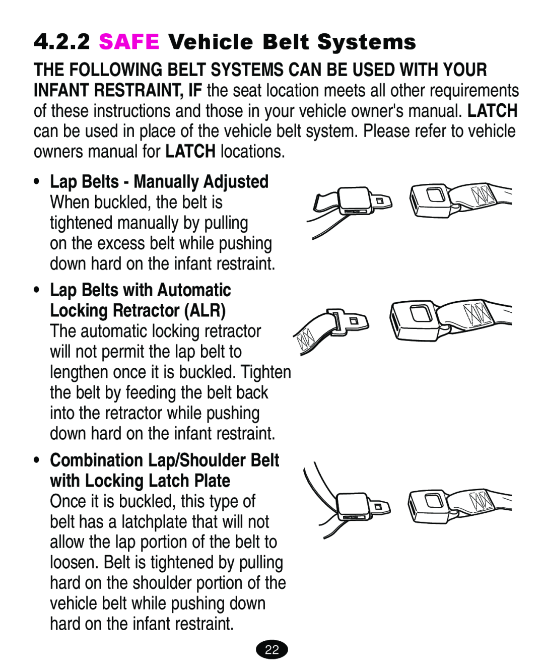 Graco 4460402 manual SAFE Vehicle Belt Systems, Lap Belts with Automatic Locking Retractor ALR 