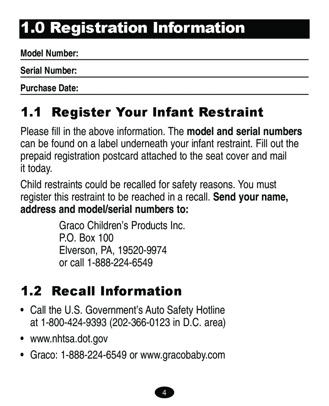 Graco 4460402 manual Registration Information, Register Your Infant Restraint, Recall Information 