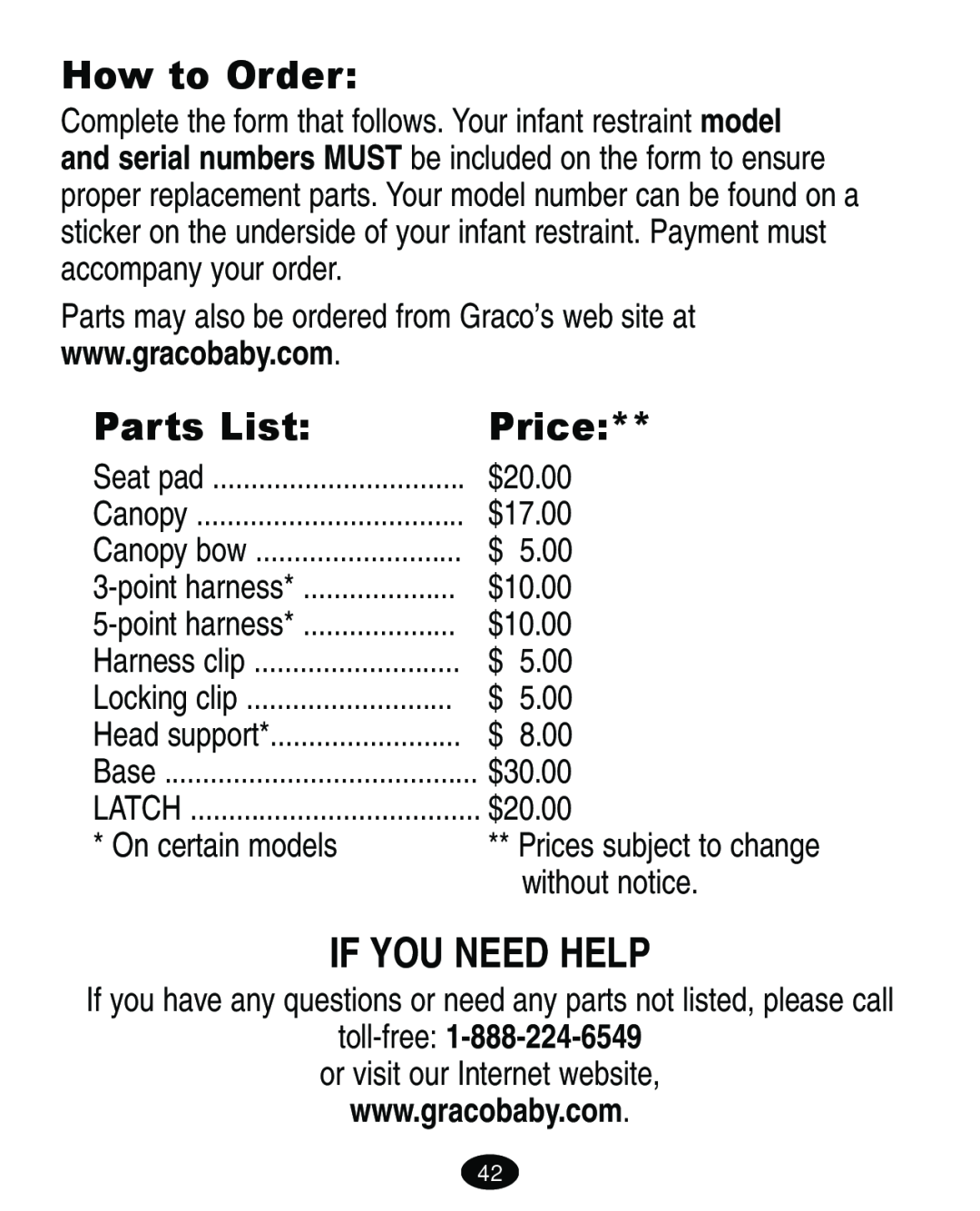 Graco 4460402 manual If You Need Help, How to Order, Parts List, Price, toll-free 