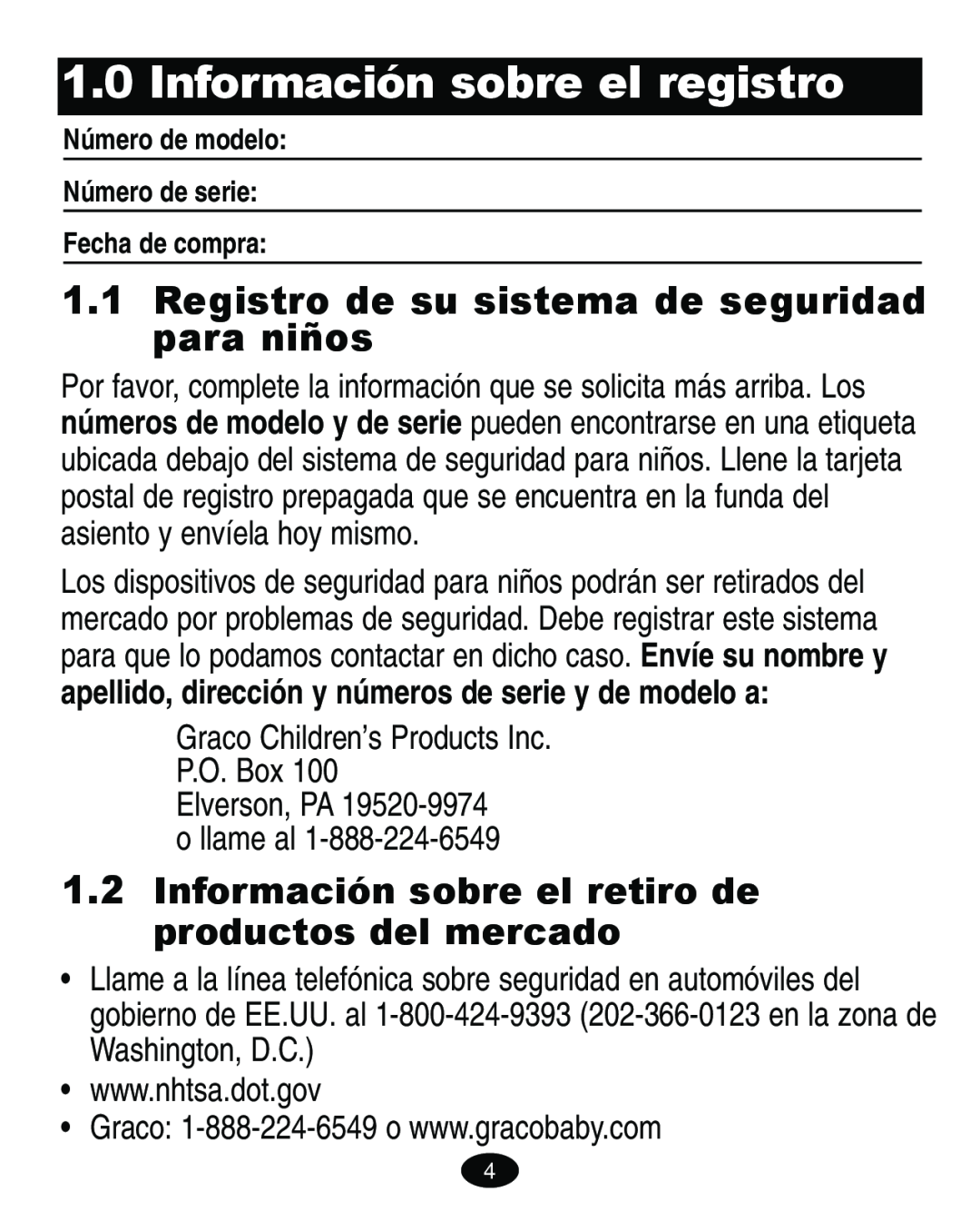 Graco 4460402 manual Información sobre el registro, Registro de su sistema de seguridad para niños 