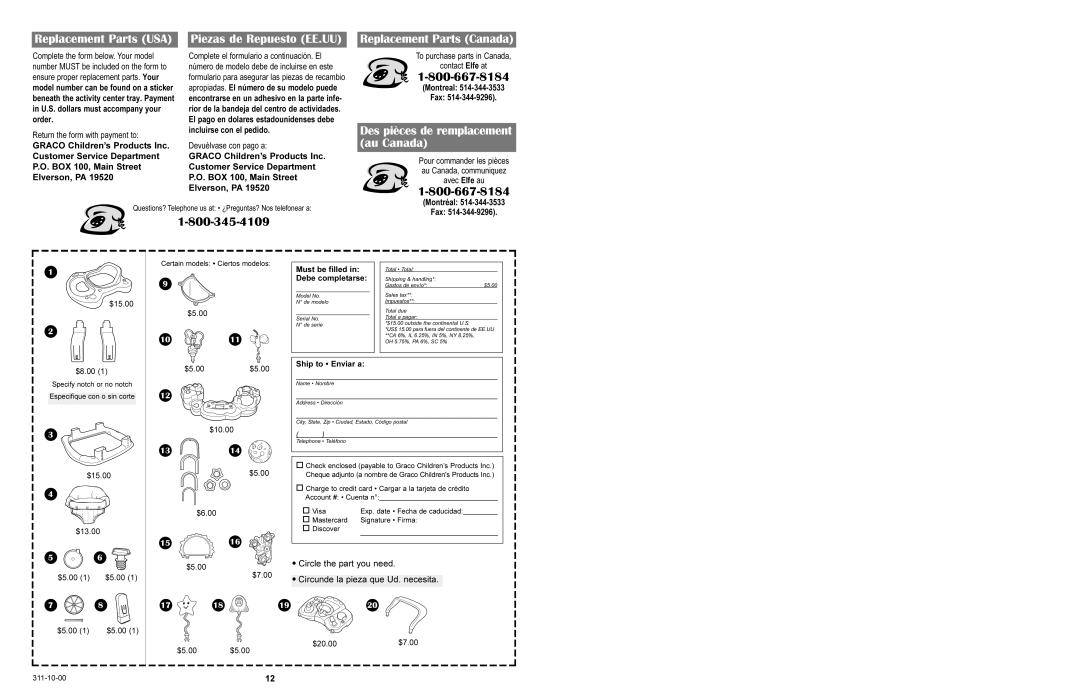 Graco 4520, 4540, 4530 manual Des pièces de remplacement au Canada, Montréal Fax 