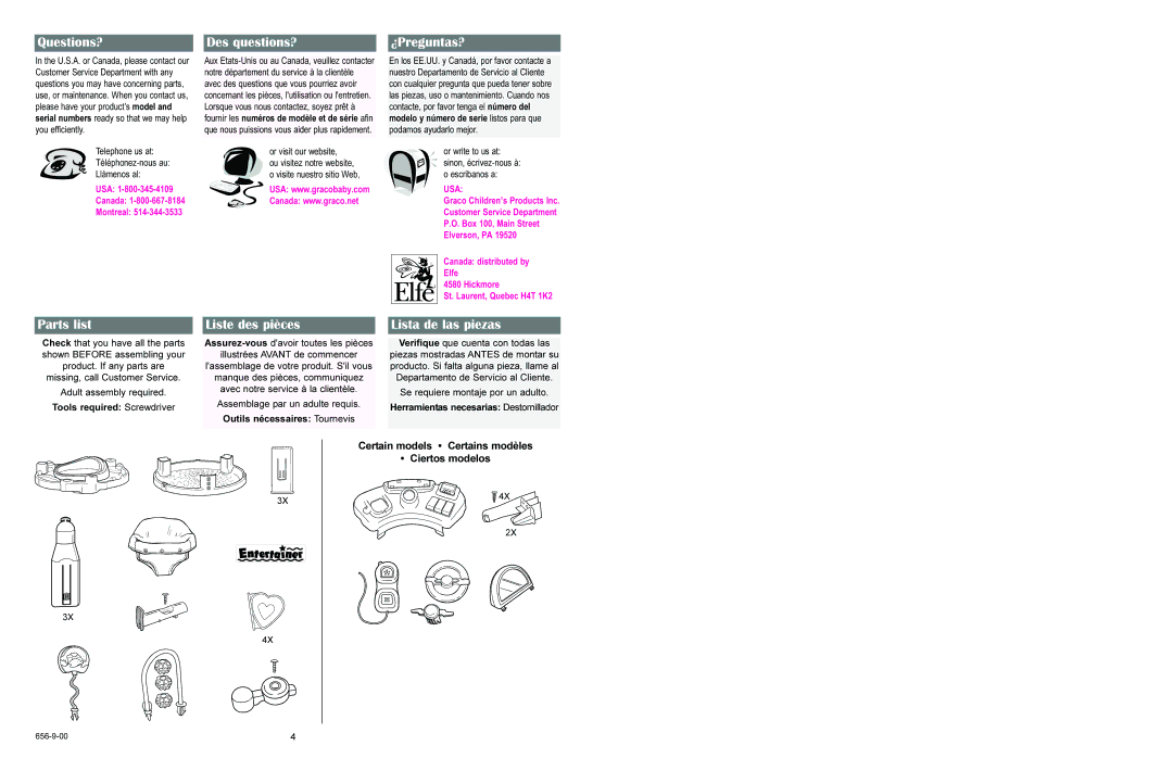 Graco 4622 manual Questions?, Parts list, Des questions?, Liste des pièces, ¿Preguntas?, Lista de las piezas 