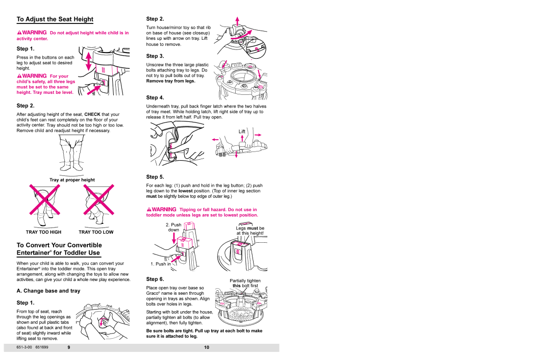 Graco 4650 To Adjust the Seat Height, To Convert Your Convertible Entertainer for Toddler Use, Change base and tray Step 