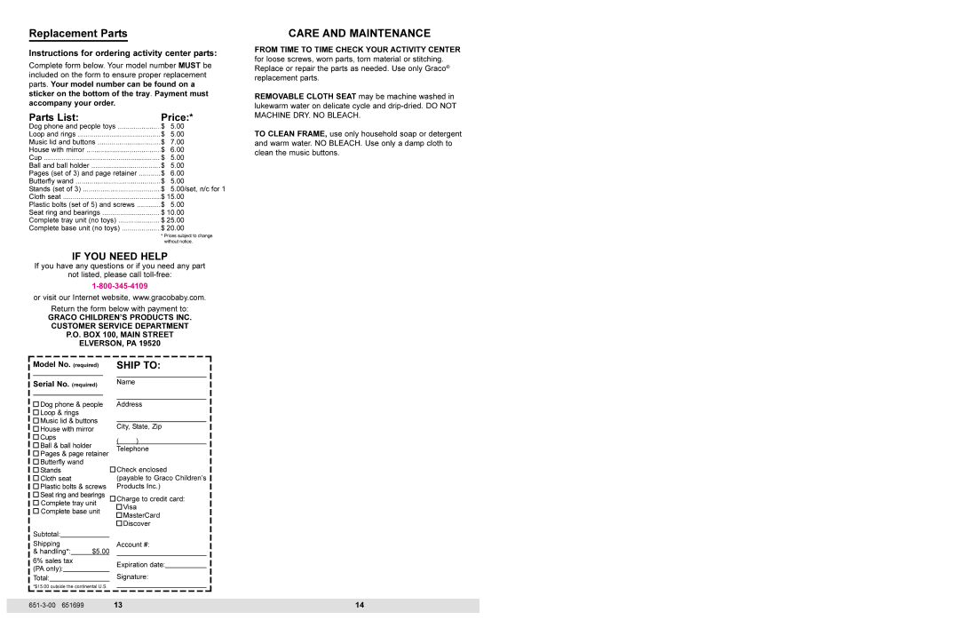 Graco 4650 instruction sheet Replacement Parts, Care and Maintenance, Model No. required Serial No. required 