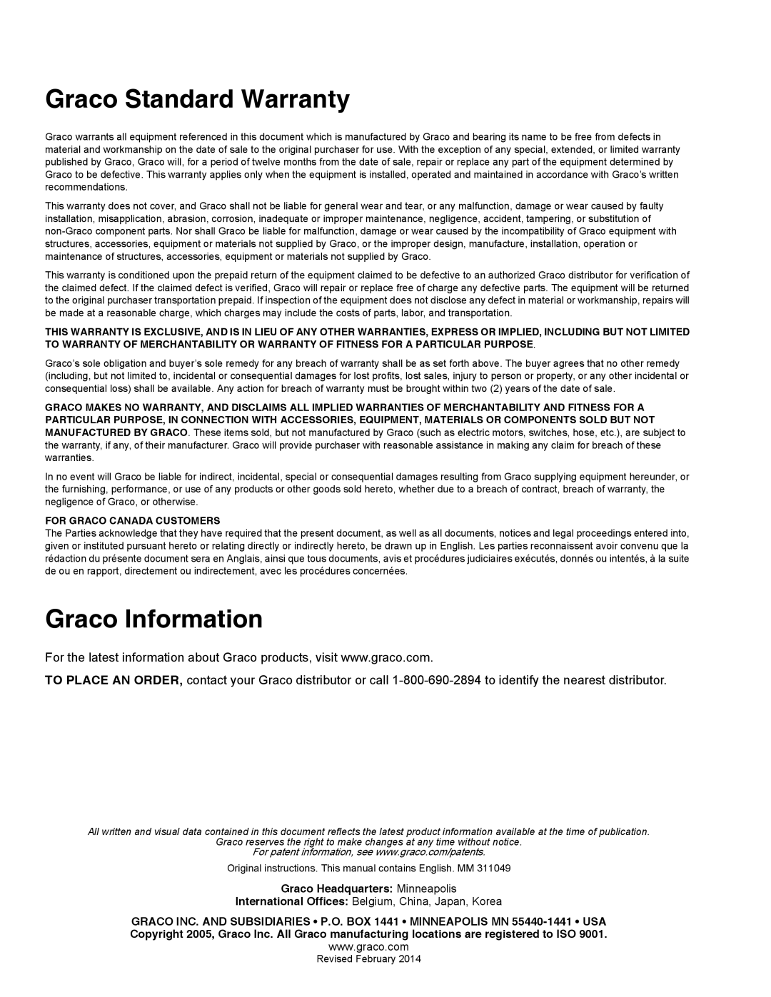 Graco 287649, 500G Graco Standard Warranty, Graco Information, Graco Headquarters Minneapolis, For Graco Canada Customers 