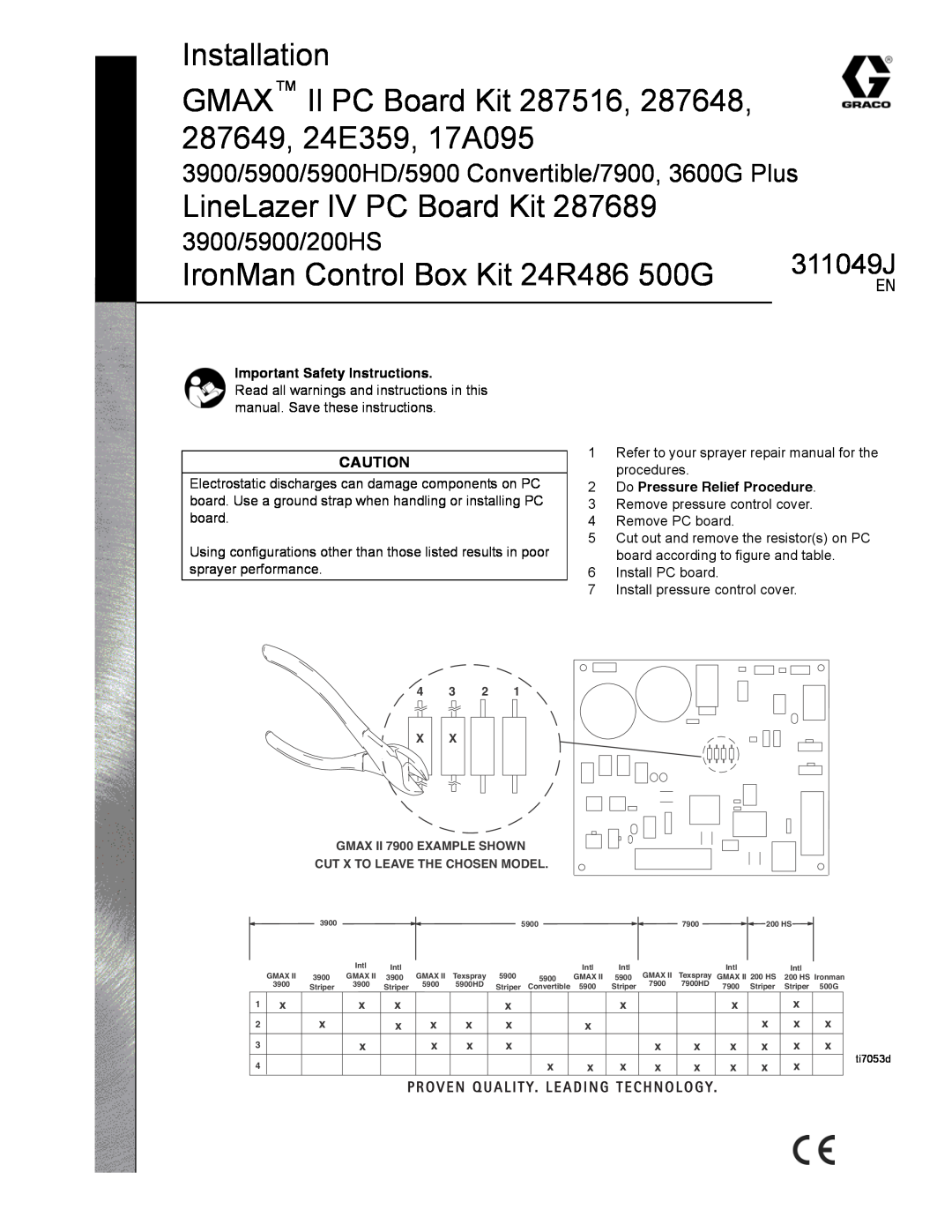 Graco 3900/5900/200HS, 500G, 287649, 287516 important safety instructions Installation, LineLazer IV PC Board Kit, 311049J 