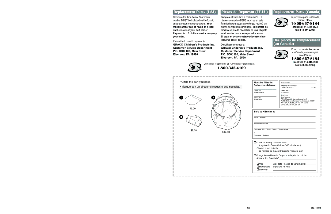 Graco 5070 owner manual Replacement Parts Canada 