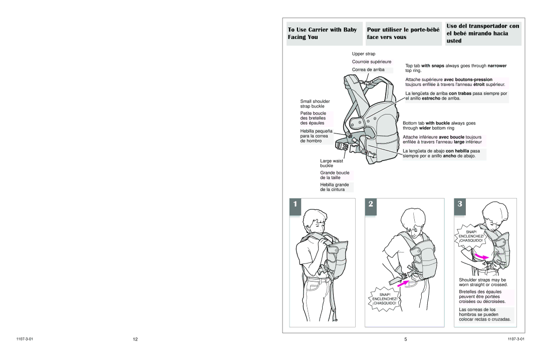 Graco 5070 owner manual El bebé mirando hacia, Facing You Face vers vous Usted 