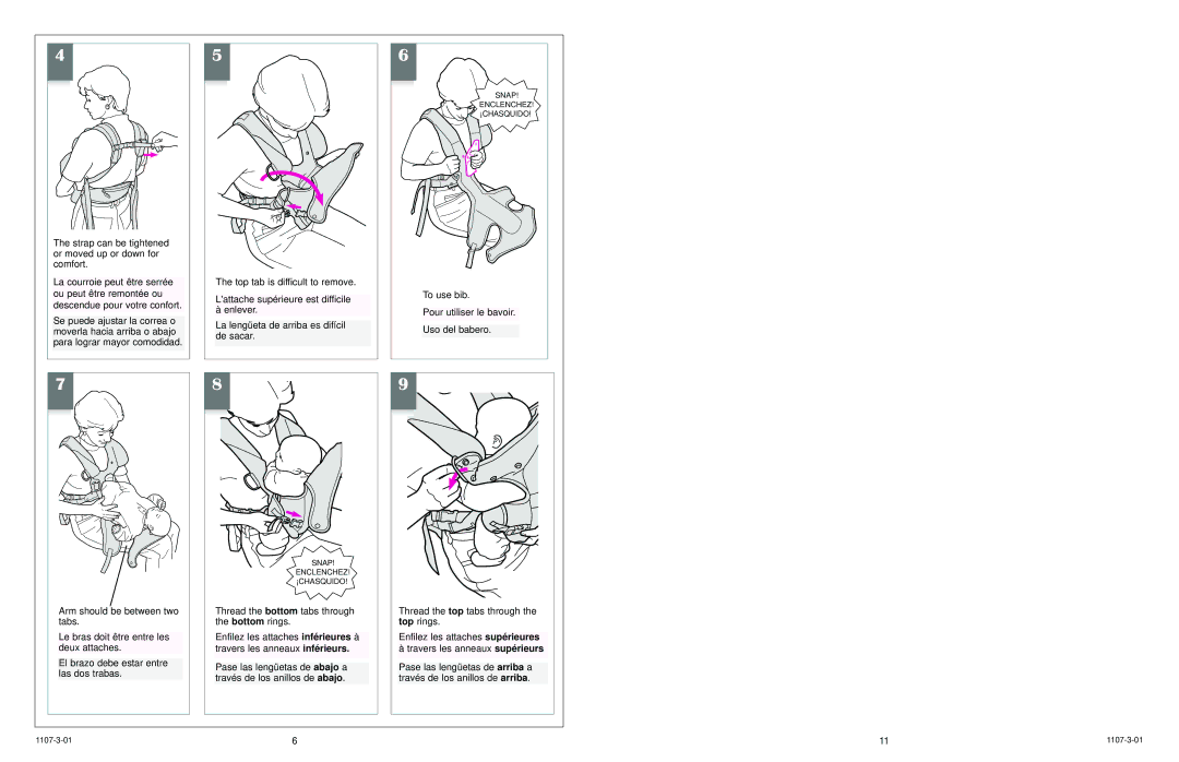 Graco 5070 owner manual To use bib, Pour utiliser le bavoir, Uso del babero 