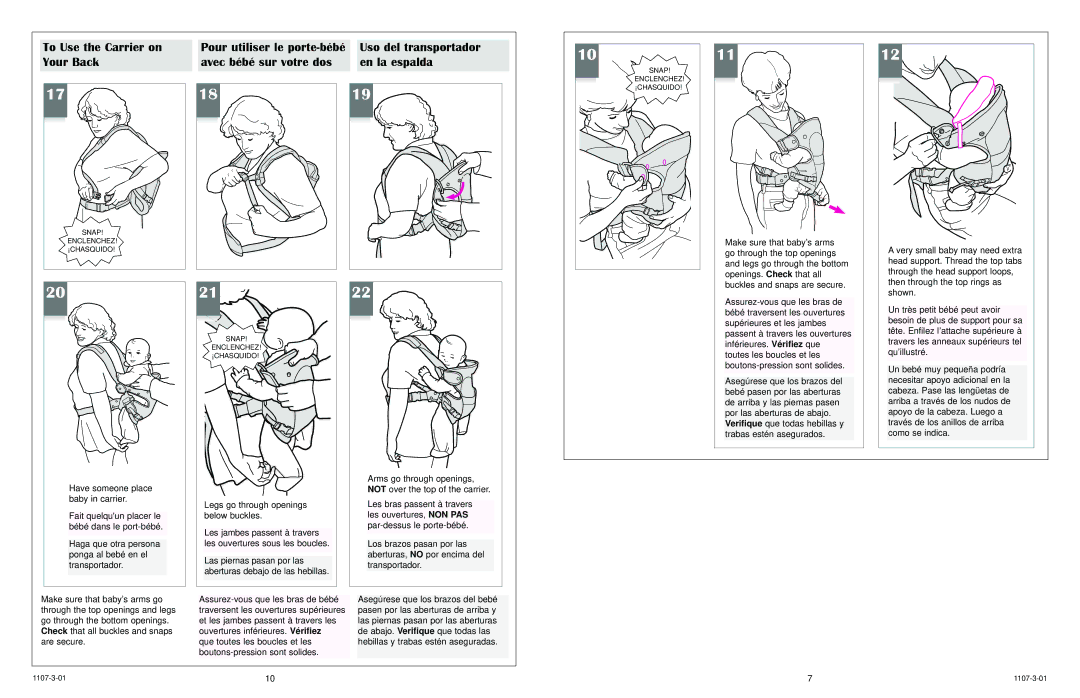 Graco 5070 owner manual To Use the Carrier on, Uso del transportador, Your Back Avec bébé sur votre dos En la espalda 