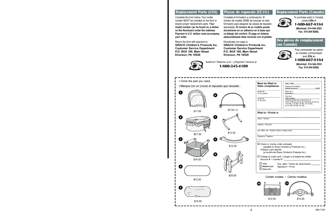 Graco 5611, 5614, 5615, 5610, 5617 manual Replacement Parts Canada 