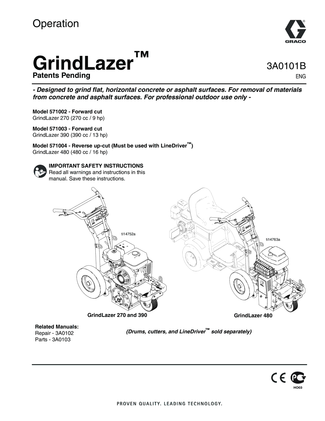 Graco 571004 important safety instructions Model 571002 Forward cut, Model 571003 Forward cut 