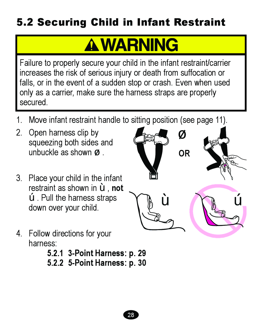 Graco 6113, 6110, 6111, 6114 manual Securing Child in Infant Restraint, Point Harness p 