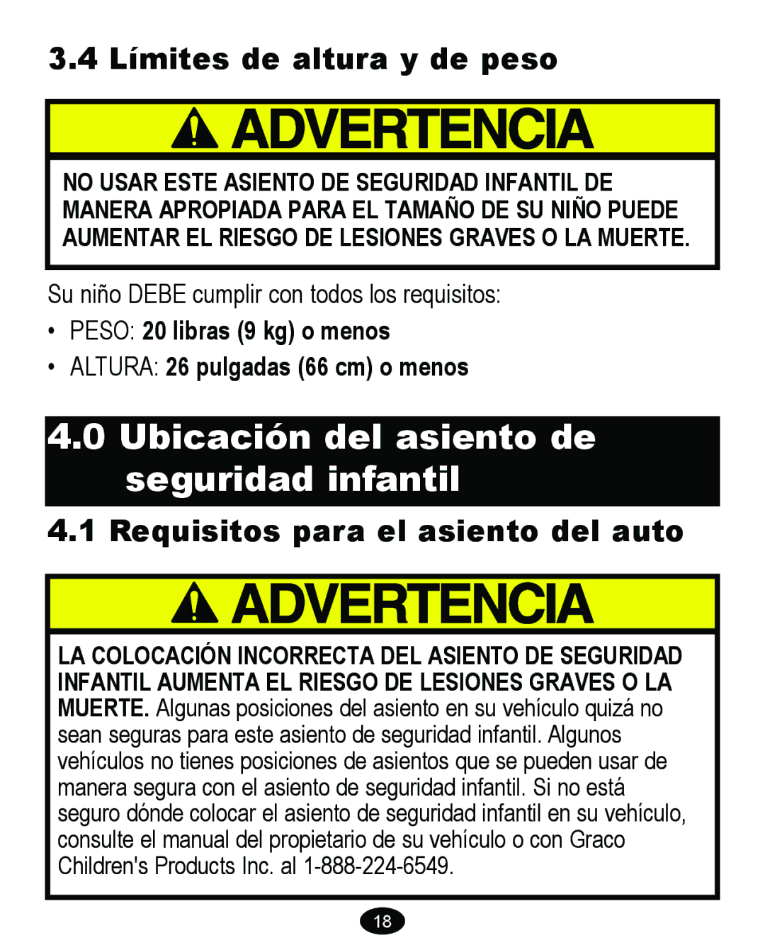 Graco 6114 Ubicación del asiento de seguridad infantil, Límites de altura y de peso, Requisitos para el asiento del auto 