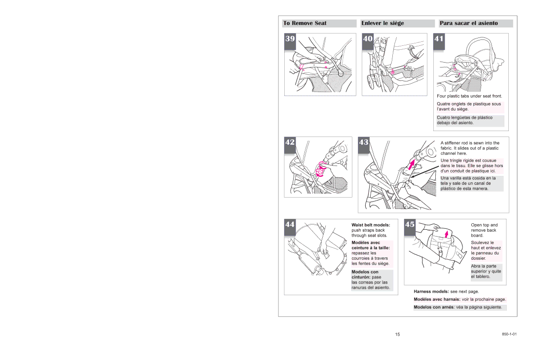 Graco 6110 manual To Remove Seat Enlever le siège Para sacar el asiento 