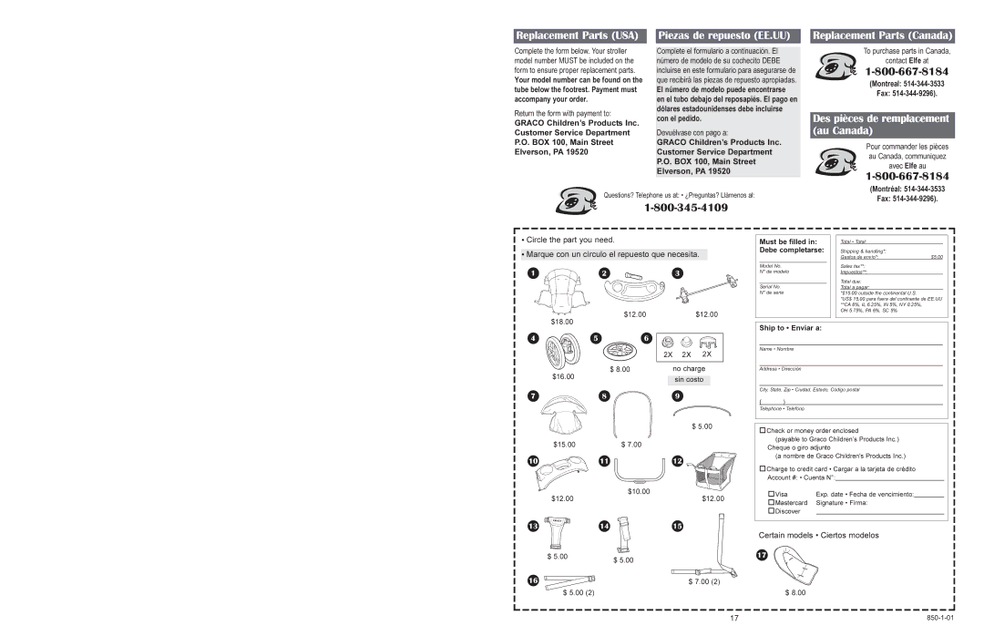 Graco 6110 manual Des pièces de remplacement au Canada, Must be filled in Debe completarse 