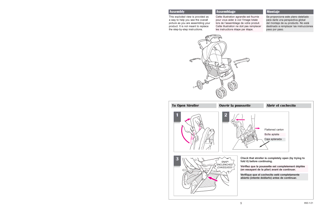 Graco 6110 manual Assembly Assemblage Montaje, To Open Stroller Ouvrir la poussette Abrir el cochecito 