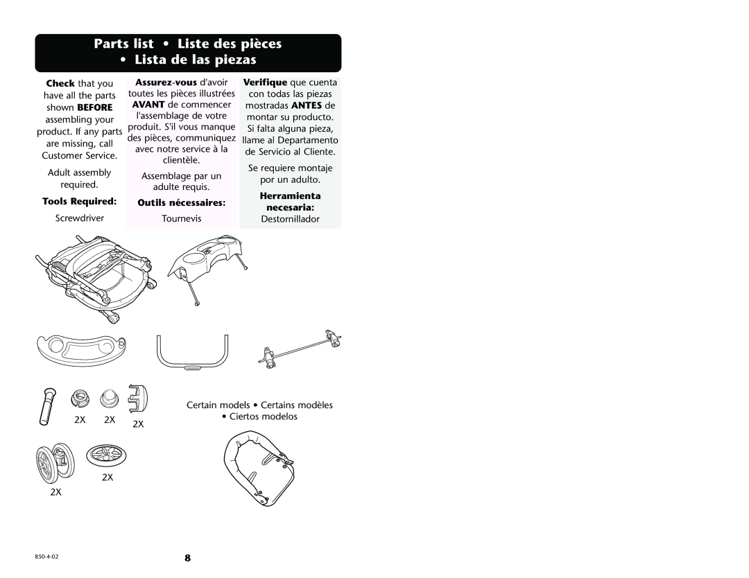 Graco 6113 manual Parts list Liste des pièces Lista de las piezas, Assurez-vous davoir 