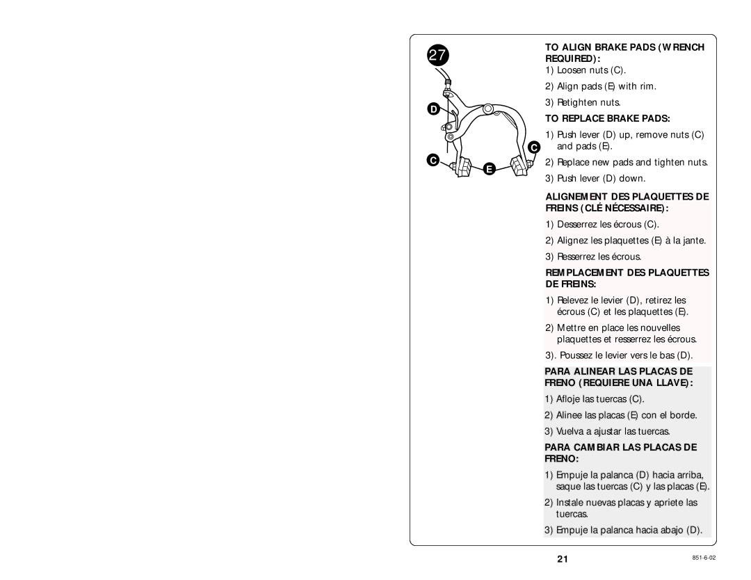 Graco 6211 To Align Brake Pads Wrench Required, To Replace Brake Pads, Alignement DES Plaquettes DE Freins CLÉ Nécessaire 