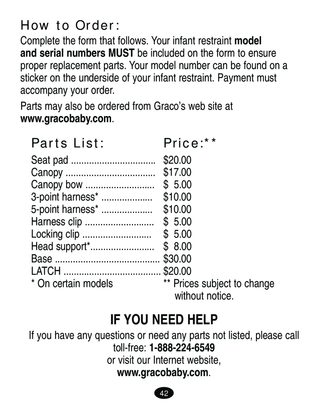 Graco 6213, 6212 How to Order, Parts List Price, On certain models, Toll-free1-888-224-6549, Or visit our Internet website 