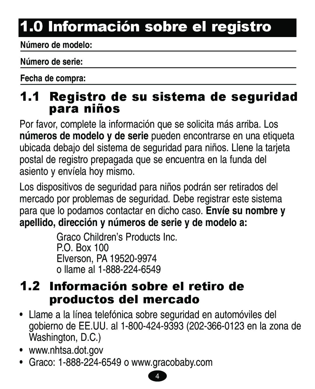 Graco 6213, 6212 manual Información sobre el registro, Registro de su sistema de seguridad para niños 