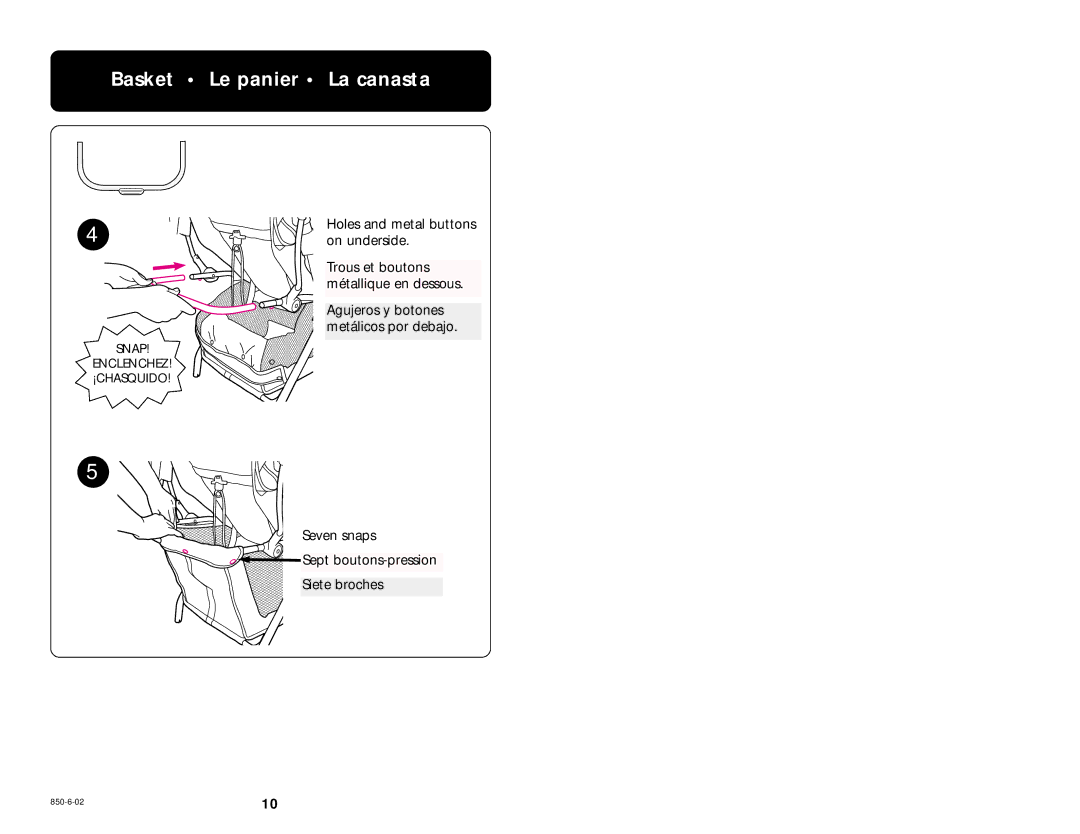 Graco 6310, 6123.6113 &6114 manual Basket Le panier La canasta, Holes and metal buttons, On underside 