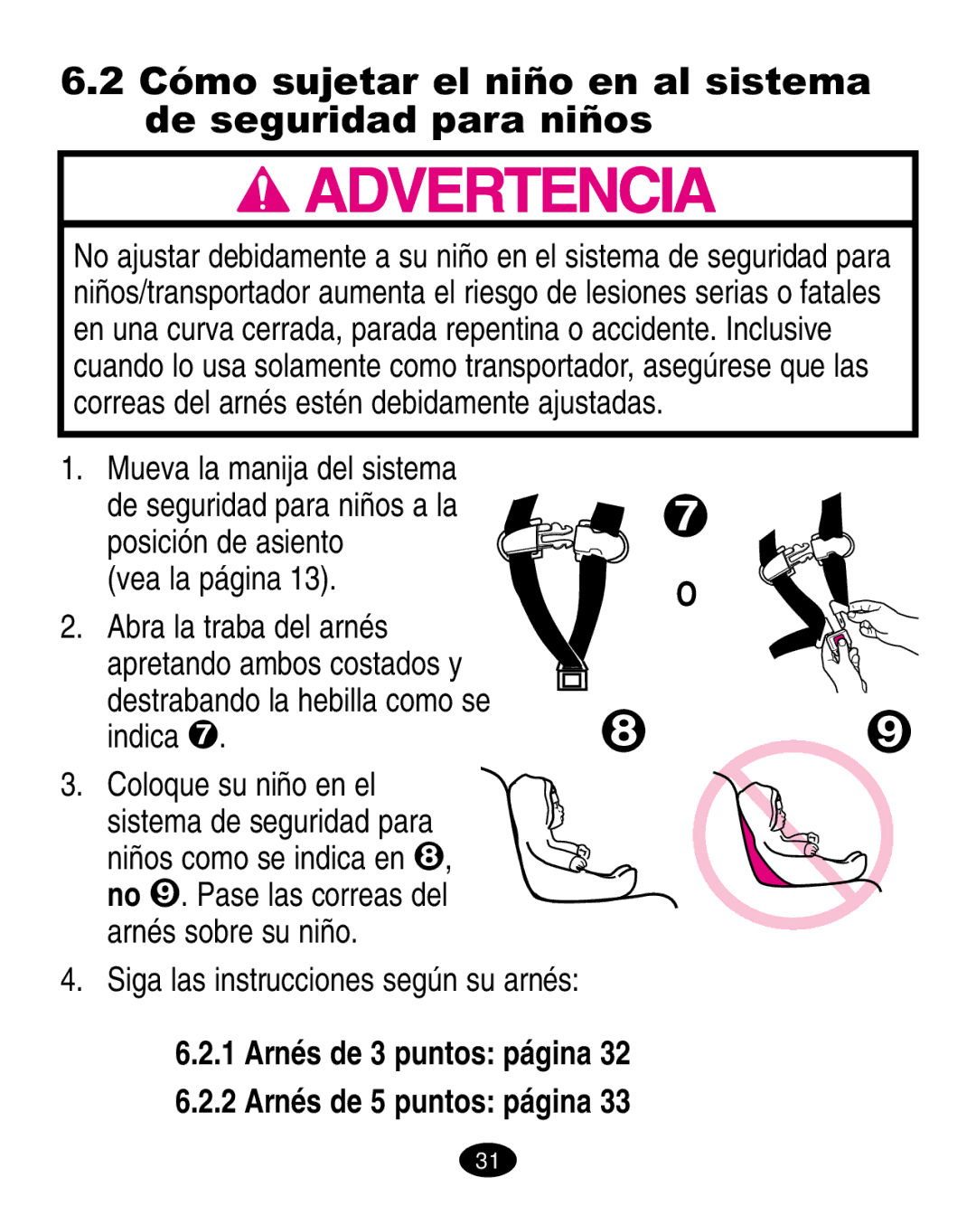 Graco 6123.6113 &6114, 6310 manual Cómo sujetar el niño en al sistema de seguridad para niños, Indica  