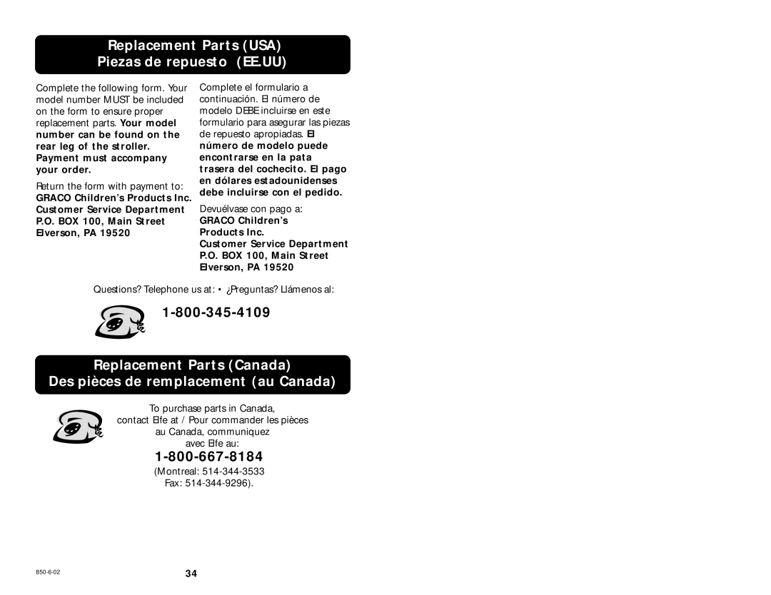 Graco 6310 manual Replacement Parts USA Piezas de repuesto EE.UU, Questions? Telephone us at ¿Preguntas? Llámenos al 