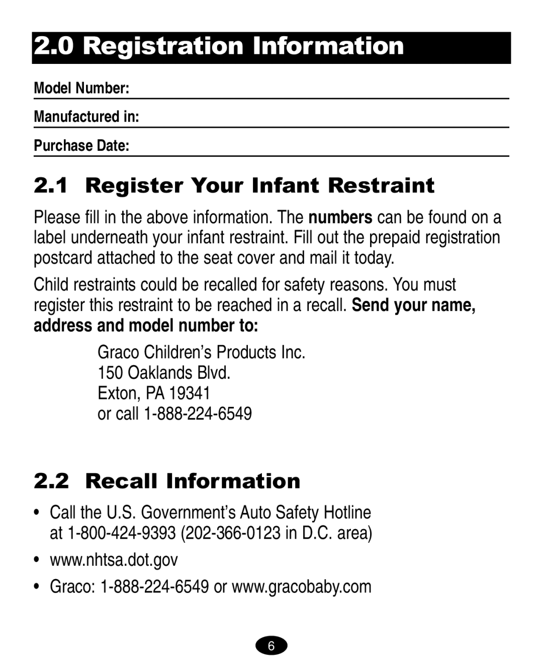 Graco 6310 manual Registration Information, Register Your Infant Restraint, Recall Information, Exton, PA Or call 