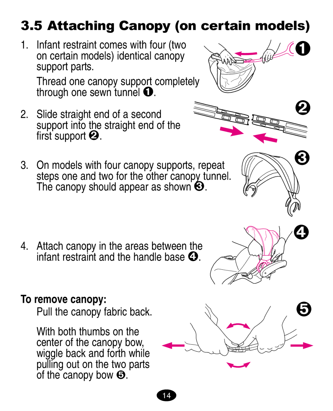 Graco 6310, 6123.6113 &6114 manual Attaching Canopy on certain models, To remove canopy, Pull the canopy fabric back 